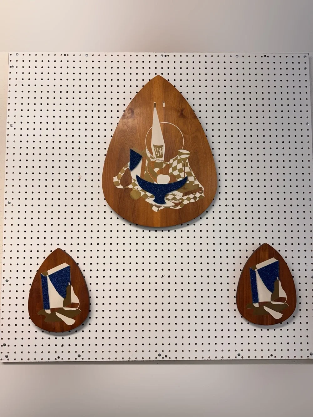 Mid-Century Teardrop Wood Wall Art Set of 3 Popcorn Gravel Wine Vino Book